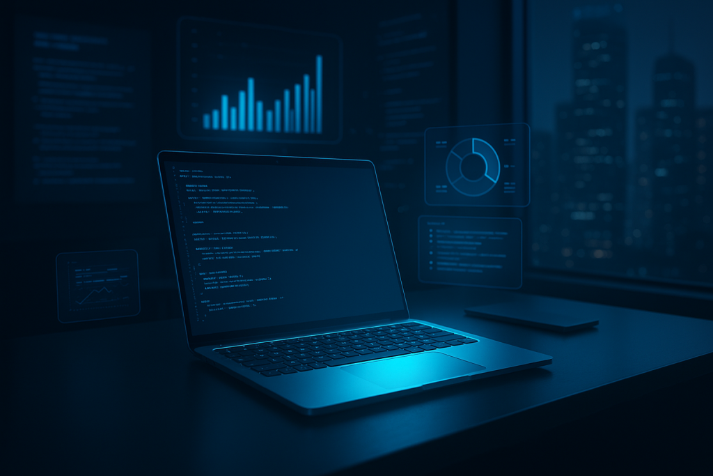 Futuristic workspace with glowing laptop, holographic data displays, and city skyline at night

